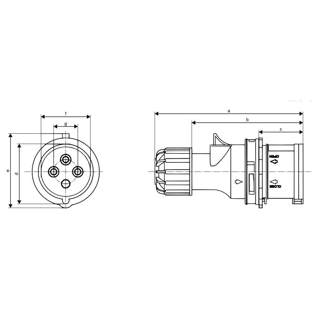 CEE Form 3P+E 16A / 32A IP44 plug dimension drawing