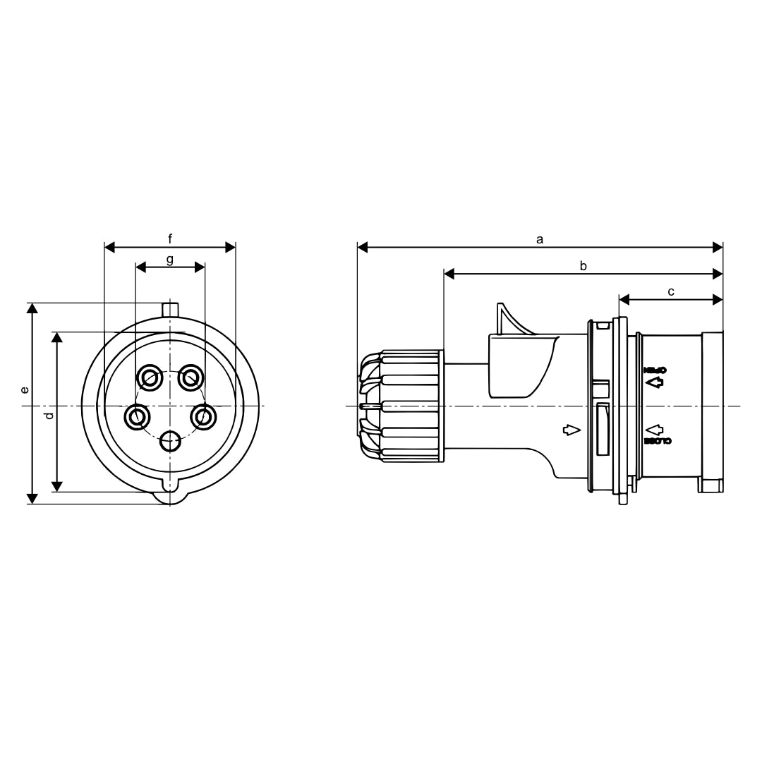 CEE Form 3P+N+E 16A / 32A IP44 plug dimension drawing