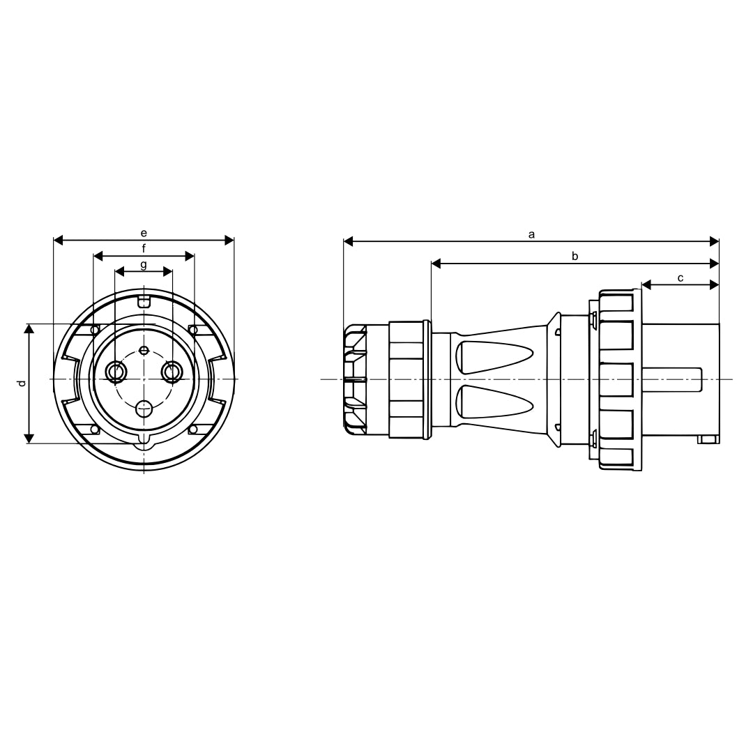CEE Form 2P+E 125A IP67 plug dimension drawing