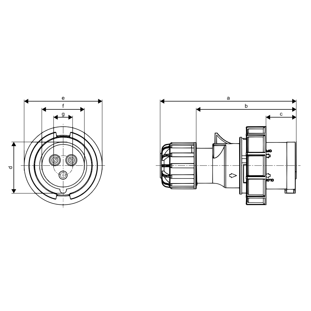 CEE Form 2P+E 16A / 32A IP67 plug dimension drawing
