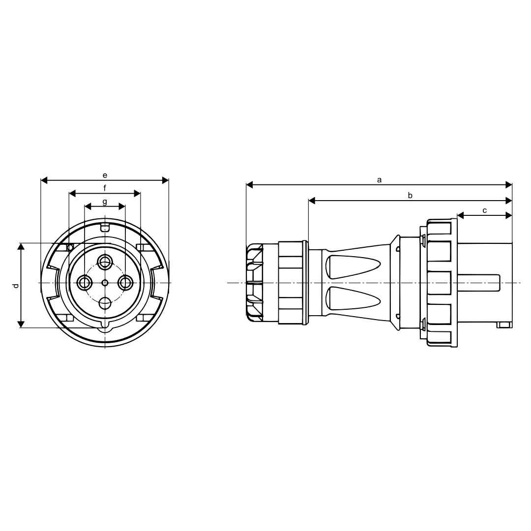 CEE Form 3P+E 125A IP67 plug dimension drawing
