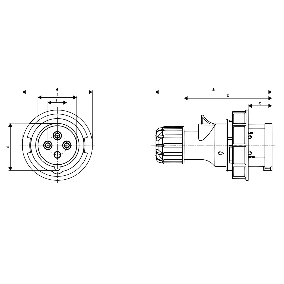 CEE Form 3P+E 32A IP67 plug dimension drawing